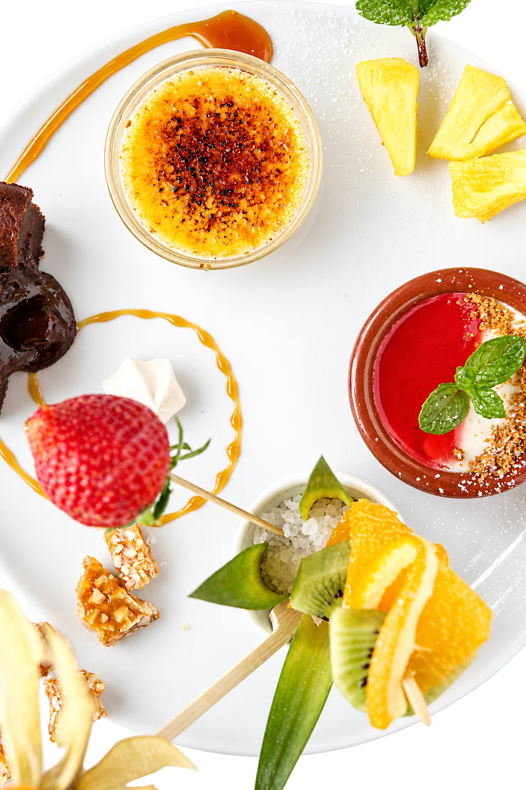 Vue de dessus d'une assiette blanche garnie de crème brûlée, de panna cotta au coulis rouge, de fondant au chocolat, de fraise, d'ananas, de kiwi et d'orange.