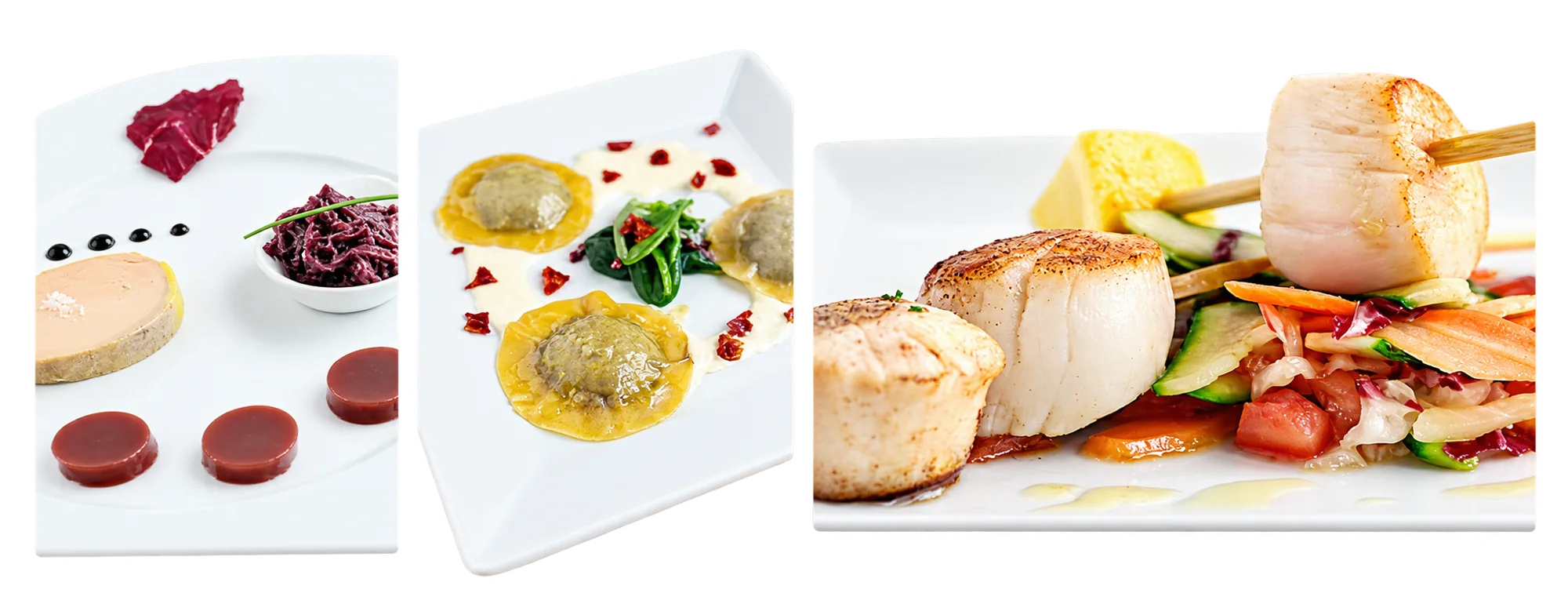 Trois photos d'assiettes raffinées présentant du foie gras avec gelées de fruits rouges, des raviolis à la sauce crémeuse et des noix de Saint-Jacques snackées avec des légumes.