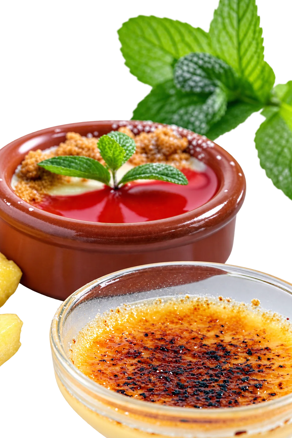 Gros plan sur une crème brûlée caramélisée dans un ramequin en verre, devant un dessert au coulis rouge décoré de menthe fraîche.