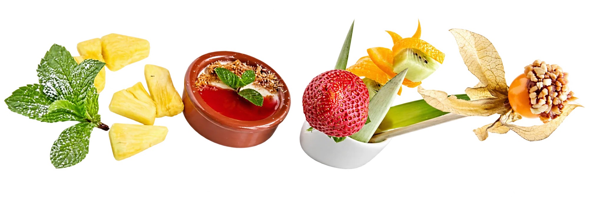 Composition de dessert sur fond blanc avec une crème rouge dans un ramequin, des morceaux d'ananas, de la menthe sucrée, une fraise, du kiwi et un physalis.