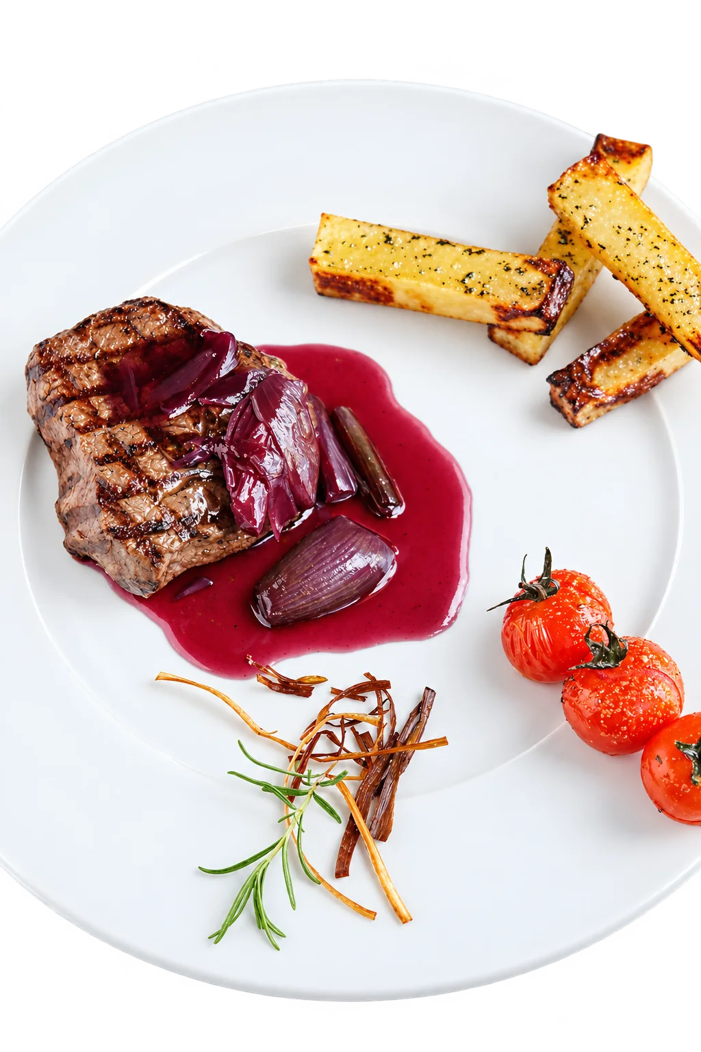 Assiette blanche garnie d'un filet de bœuf grillé nappé de sauce au vin rouge et d'échalotes, accompagné de frites épaisses et de tomates cerises rôties.