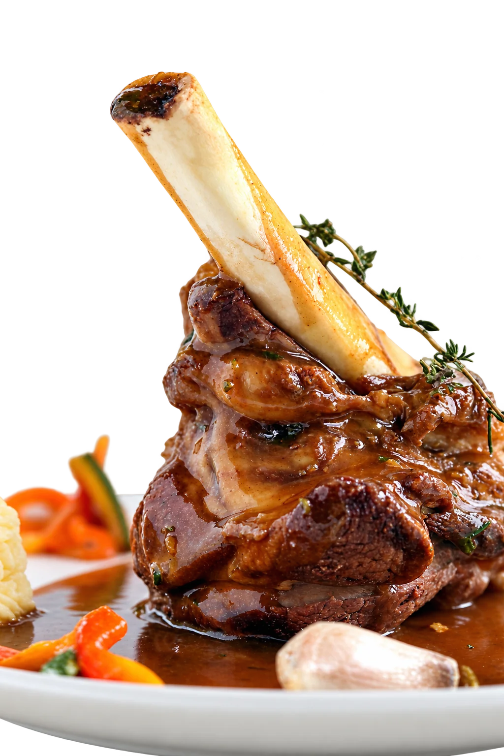 Gros plan sur une souris d'agneau braisée nappée de sauce brune, dressée sur une assiette blanche avec une branche de thym, de la purée et des légumes colorés.